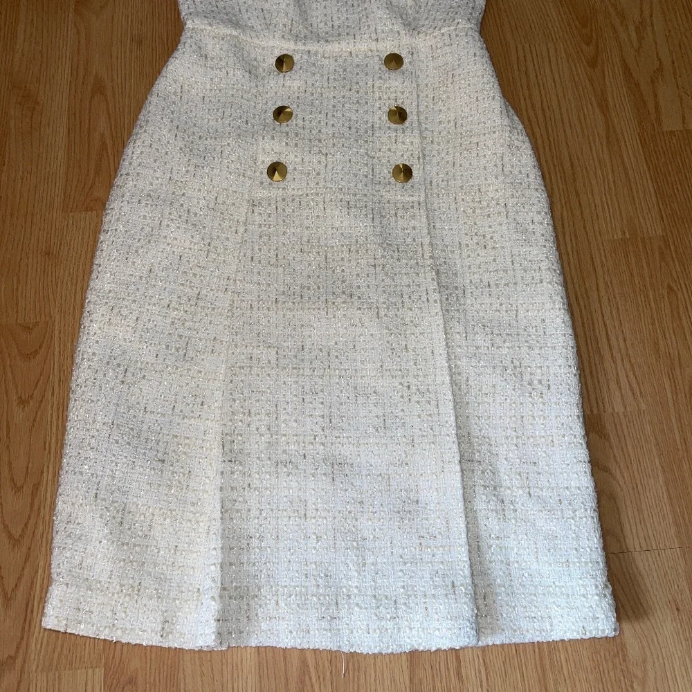 Donna Karan White and Gold Sleeveless Tweed Sheath Mini Dress Size 2 - Picture 6 of 13